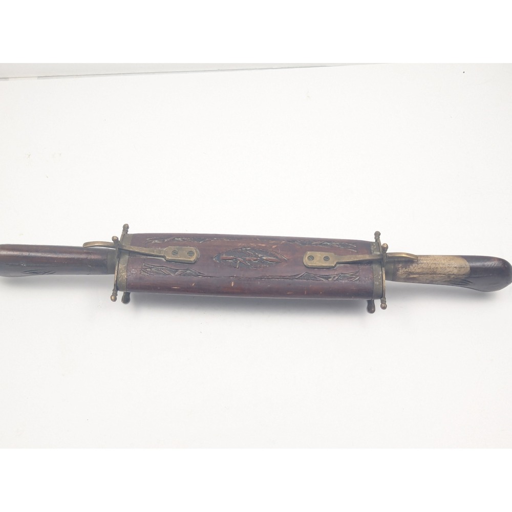 Vintage India Carving Knife & Fork Set Wood Handle Brass‎ Accents Display Piece